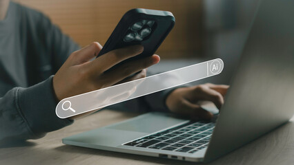 Artificial intelligence search concept with user operating smartphone and laptop, visualizing AI-powered query engine, data processing, and smart machine learning technology.