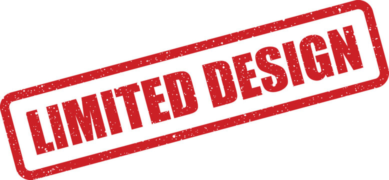 Red rubber stamp with textured grunge effect showcasing LIMITED DESIGN text in a bold font, presented diagonally for product branding