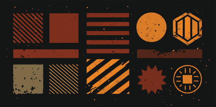 Abstract grunge graphic elements set for retro design projects, including geometric shapes, stripes, circle, star, hexagon, and square on dark background