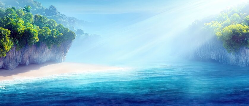 A serene tropical landscape featuring a sandy beach nestled between lush green cliffs, with vibrant turquoise ocean waters. Sunbeams pierce through a gentle mis