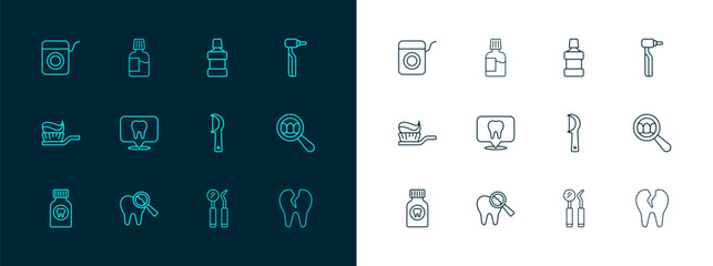 Set line Tooth drill, Broken tooth, Dental floss, mirror and probe, clinic location, Mouthwash, and icon. Vector