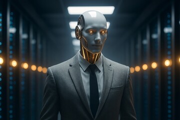 An AI robot businessman stands in a server room. A concept for the future of corporate leadership, fintech, and data center management