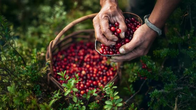 Farmer harvesting fresh ripe red lingonberries in the forest