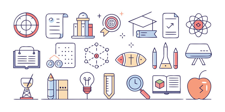 Colorful education icon set with target, document, science, graduation cap and apple, perfect for representing learning, studying and educational resources