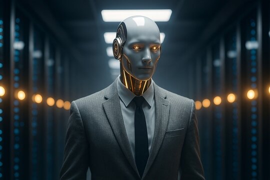 An AI robot businessman stands in a server room. A concept for the future of corporate leadership, fintech, and data center management - Powered by Adobe