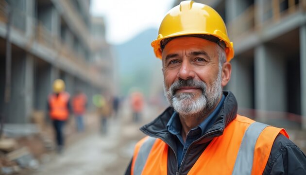 Construction worker with grey beard wears yellow hard hat and orange vest. He stands on building site. Other workers visible in distance on construction project.