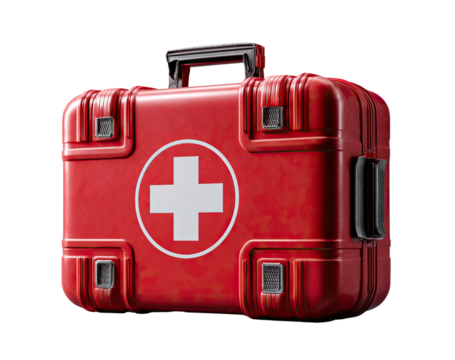 A vibrant, detailed illustration of a red first aid kit with a white cross and handle