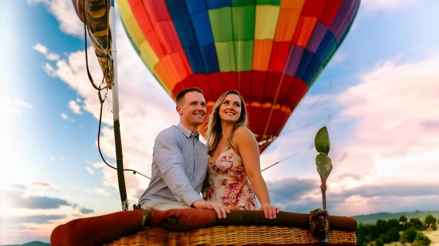 Romantic couple kissing in a hot air balloon during sunset
