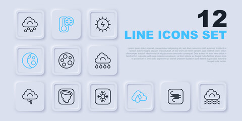 Set line Wind, Fog and cloud, Moon, Cloud with rain, phases, Tornado, Thermometer and Snowflake icon. Vector