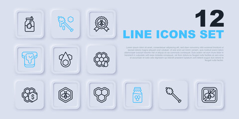 Set line Honey dipper stick, Stop bee, Honeycomb, Jar of honey, Bread with, Bee and honeycomb, and icon. Vector
