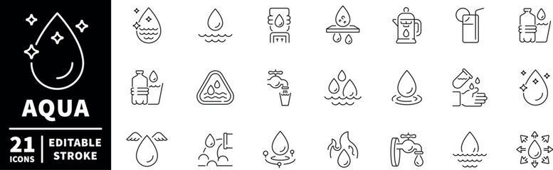 Water and aqua icons set. editable line icons, outline, hydration and fluids
