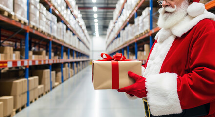 Santa Claus stands in a warehouse filled with boxes, holding a wrapped gift with red ribbon, helping with Christmas logistics and retail shipping.