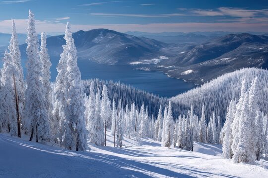 Schweitzer Summit: Frozen Trees Catching Sun Above Lake Pend Oreille in Sandpoint, Idaho - A Winter Wonderland for Outdoor Recreation