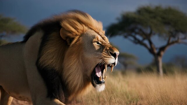 Male lion roaring with mouth wide open in African savanna at dusk Keywords: lion, male lion, big cat, animal, wildlife, Africa