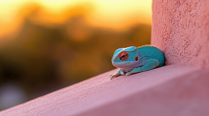 A small, turquoise chameleon with striking red eyes rests on a textured pink wall. The background is blurred with warm sunset colors, creating a peaceful and vi