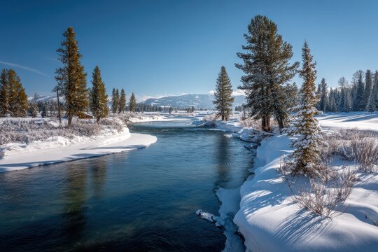 Winter Wonder: Scenic Landscape of Henry's Fork, Snake River in Idaho's Icy Embrace