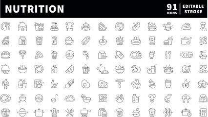 Nutrition icons set. editable line icons for healthy food and clean eating symbols