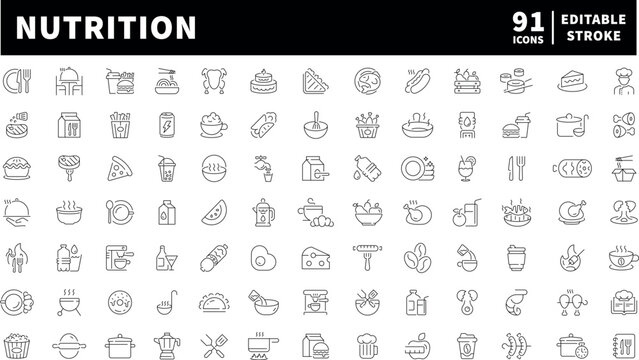 Nutrition icons set. editable line icons for healthy food and clean eating symbols
