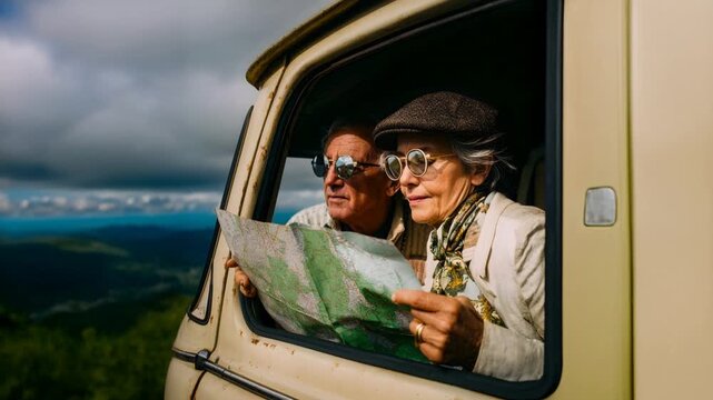 Senior couple navigating with map on road trip