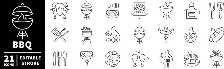Bbq and grilling icons set. editable line icons, outline, barbecue and cookout symbols