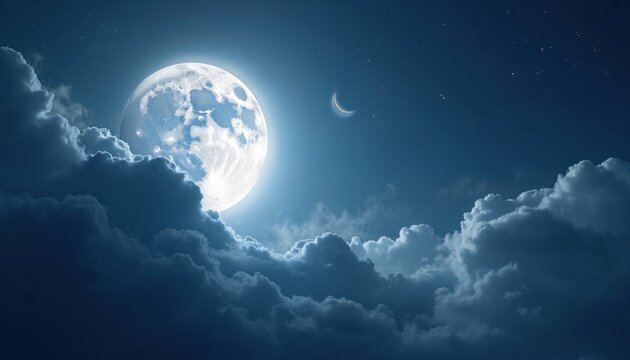 Full moon and crescent moon glow in dark blue night sky. Clouds drift across stars creating mystical serene atmosphere for Islamic holidays. - Powered by Adobe