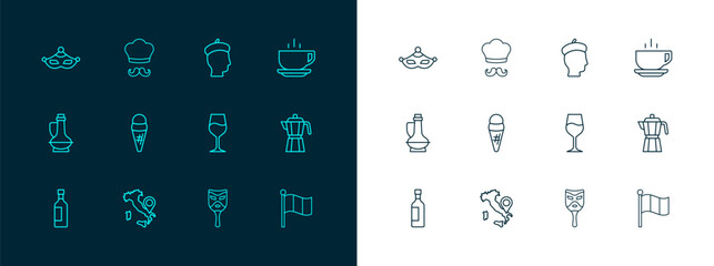Set line Coffee cup, Map Italy, Wine glass, Carnival mask, Ice cream waffle, French man, and Italian cook icon. Vector