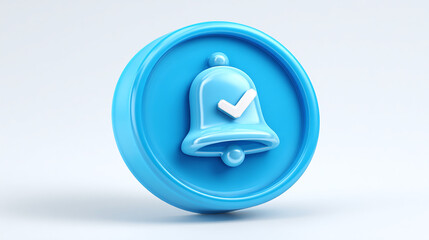 A 3D rendering of a light blue notification bell with a white check mark on a light gray surface, casting a soft shadow.