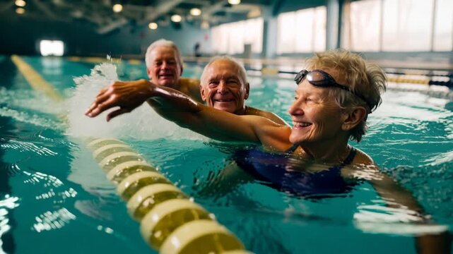 Happy senior friends swimming together in pool