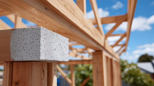 Foundation slab and skeletal wooden frame of a residential building, close-up, modern construction detail highlighted for real estate and architecture purposes