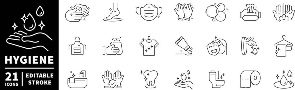 Hygiene icons set. editable line icons, outline, sanitation and cleanliness symbols