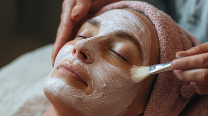 Relaxing facial: a woman is treated with a cleansing mask for skincare by a professional using a brush in a spa environment.