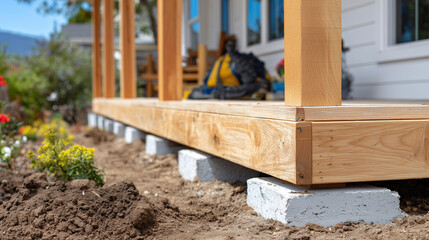 Foundation and wooden framing of a new residential property, close-up perspective showing craftsmanship and structural details, soft focus background for depth