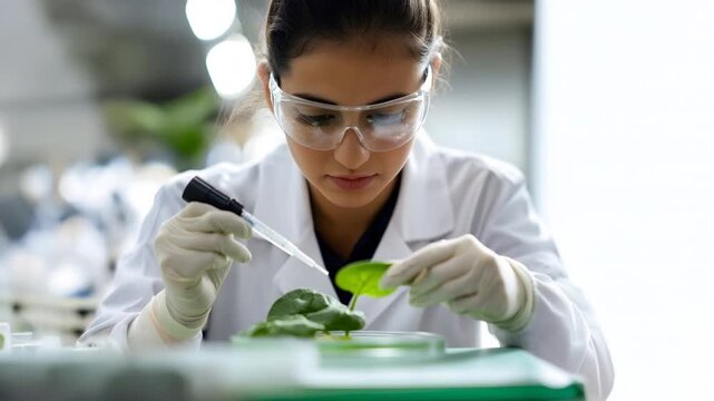 Female scientist analyzing plant leaf in a laboratory