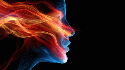 Abstract profile view showcases a blue-toned face structure seamlessly blending into a mesmerizing fusion of orange and red hues against darkness.
