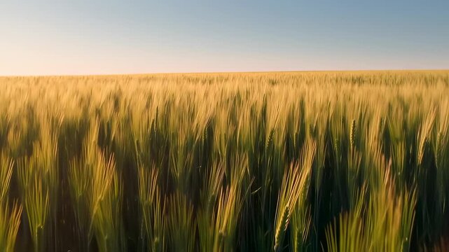 A vast field of golden wheat sways gently in the sunlight, with a clear blue sky above
