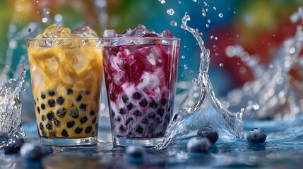 Vibrant boba drink in clear glass, ice and fruit pieces visible, water splashing around creating motion and energy, bright colorful background for social media post