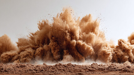 Dynamic earth explosion captured with dramatic flair, showcasing raw power and energy in a cloud of brown dust against a bright backdrop.
