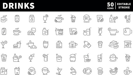 Drinks icons set. editable line icons, outline, beverage and refreshment symbols