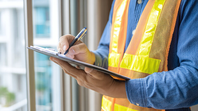 An individual, clad in a safety vest, diligently writes on a clipboard indoors, possibly conducting an inspection or documenting tasks. - Powered by Adobe