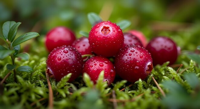 Ripe red lingonberries with fresh water droplets on a bed of green moss in the forest. - Powered by Adobe