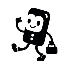Cute vintage telephone head character, walking with bag, black solid fill vector, isolated on white