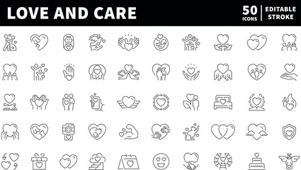Love and care icons set. line, editable line icons for compassion and support