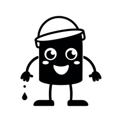 Friendly paint bucket character spilling paint, black solid vector, flat design, isolated on white