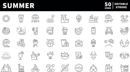 Summer editable line icons set. outline, flat, vacation and beach symbols