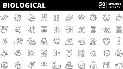 Biological icons set. editable line icons, outline, laboratory and science symbols