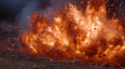 Powerful blast with glowing orange fire and billowing smoke, fragments of debris suspended mid-air, cinematic impact conveying destruction and energy