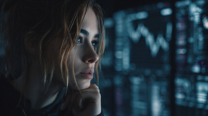 Focused analyst gazes at complex data, her hand resting on her chin as she interprets market trends on the screen, creating a tense scene.