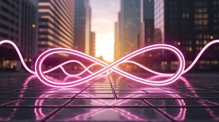 Glowing pink neon infinity symbol on a reflective city street at sunset, surrounded by modern urban buildings, symbolizing endless digital future