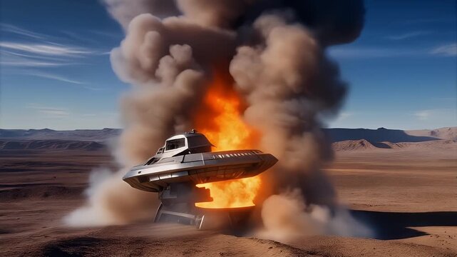 ufo space craft crashed into the desert, with smoke and fire, s found footage