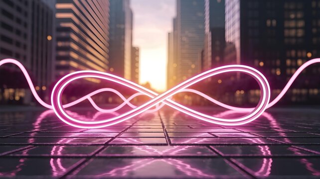 Glowing pink neon infinity symbol on a reflective city street at sunset, surrounded by modern urban buildings, symbolizing endless digital future - Powered by Adobe